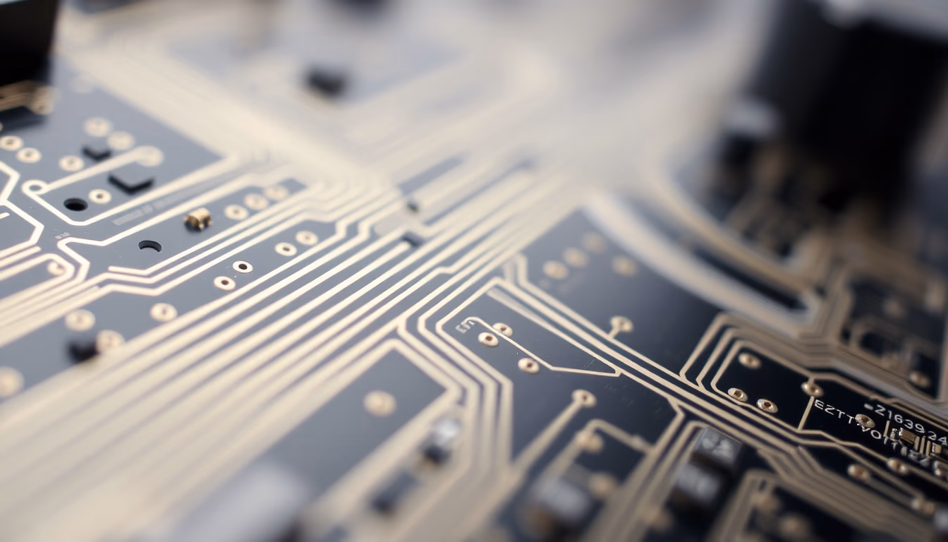 circuit traces pcb closeup in editorial style