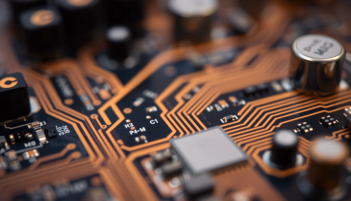 circuit traces pcb closeup in editorial style
