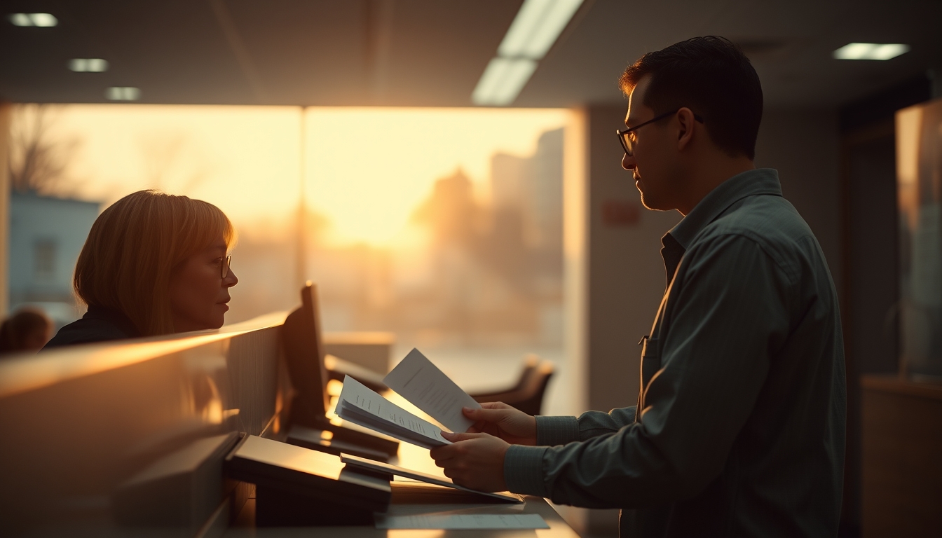 civil servant at counter assisting citizen with documents in editorial style