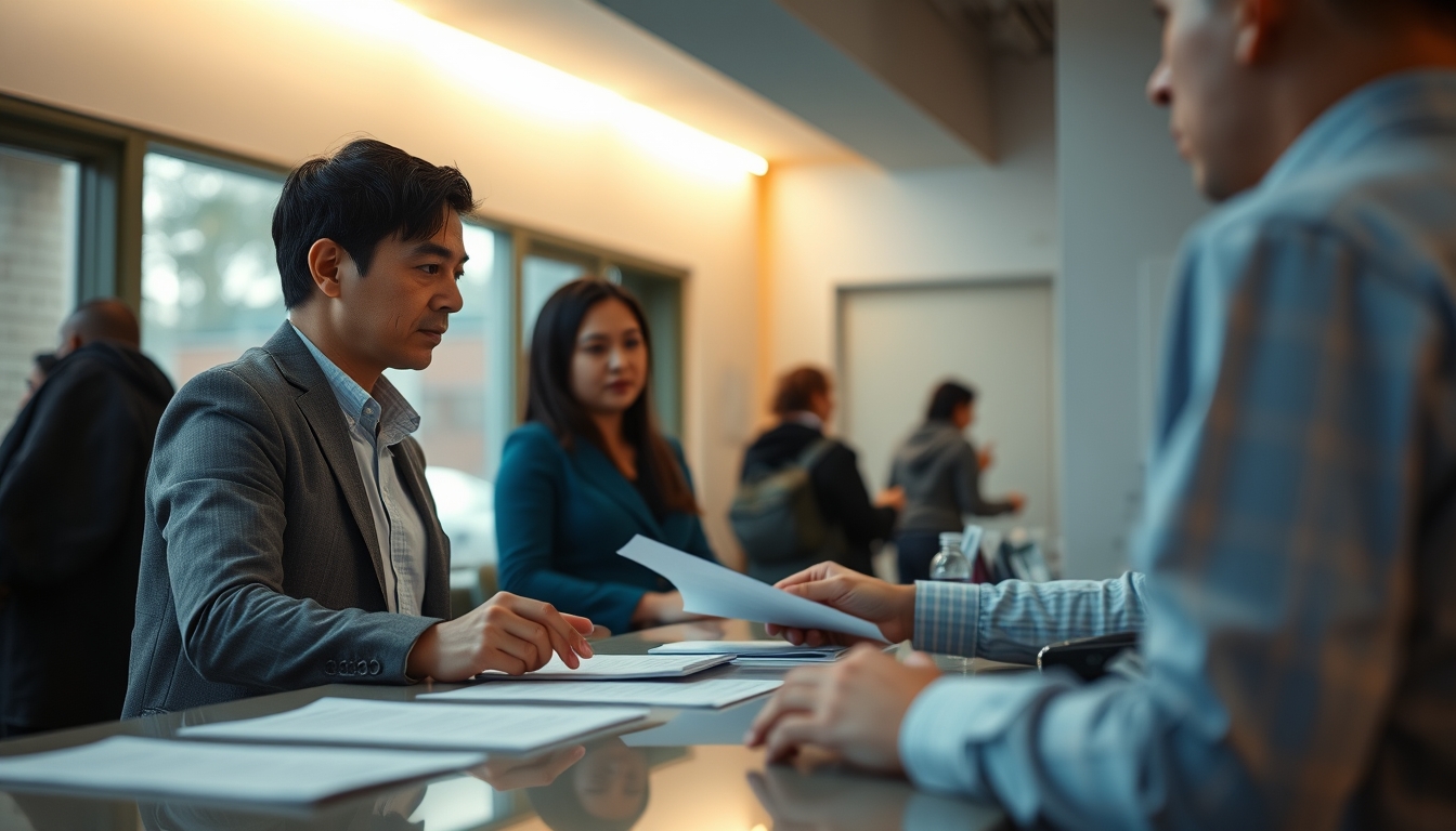 civil servant at counter assisting citizen with documents in editorial style