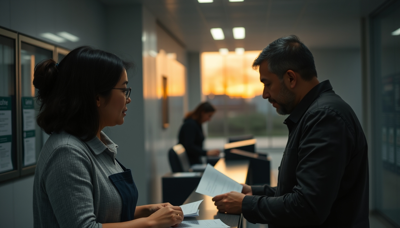 civil servant at counter assisting citizen with documents in editorial style