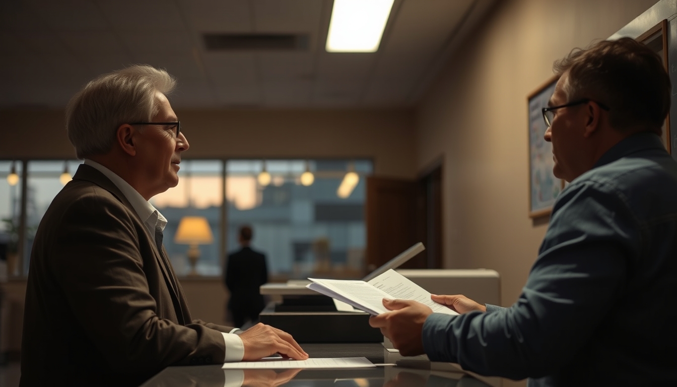 civil servant at counter assisting citizen with documents in editorial style
