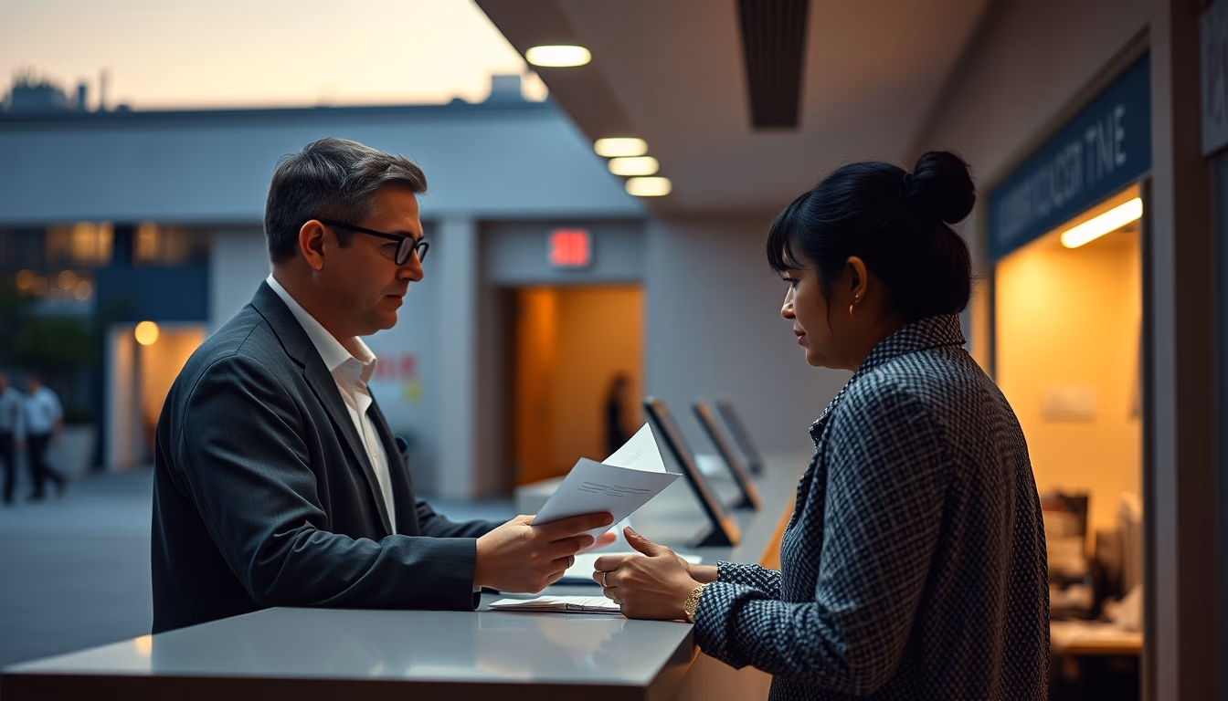 civil servant at counter assisting citizen with documents in editorial style