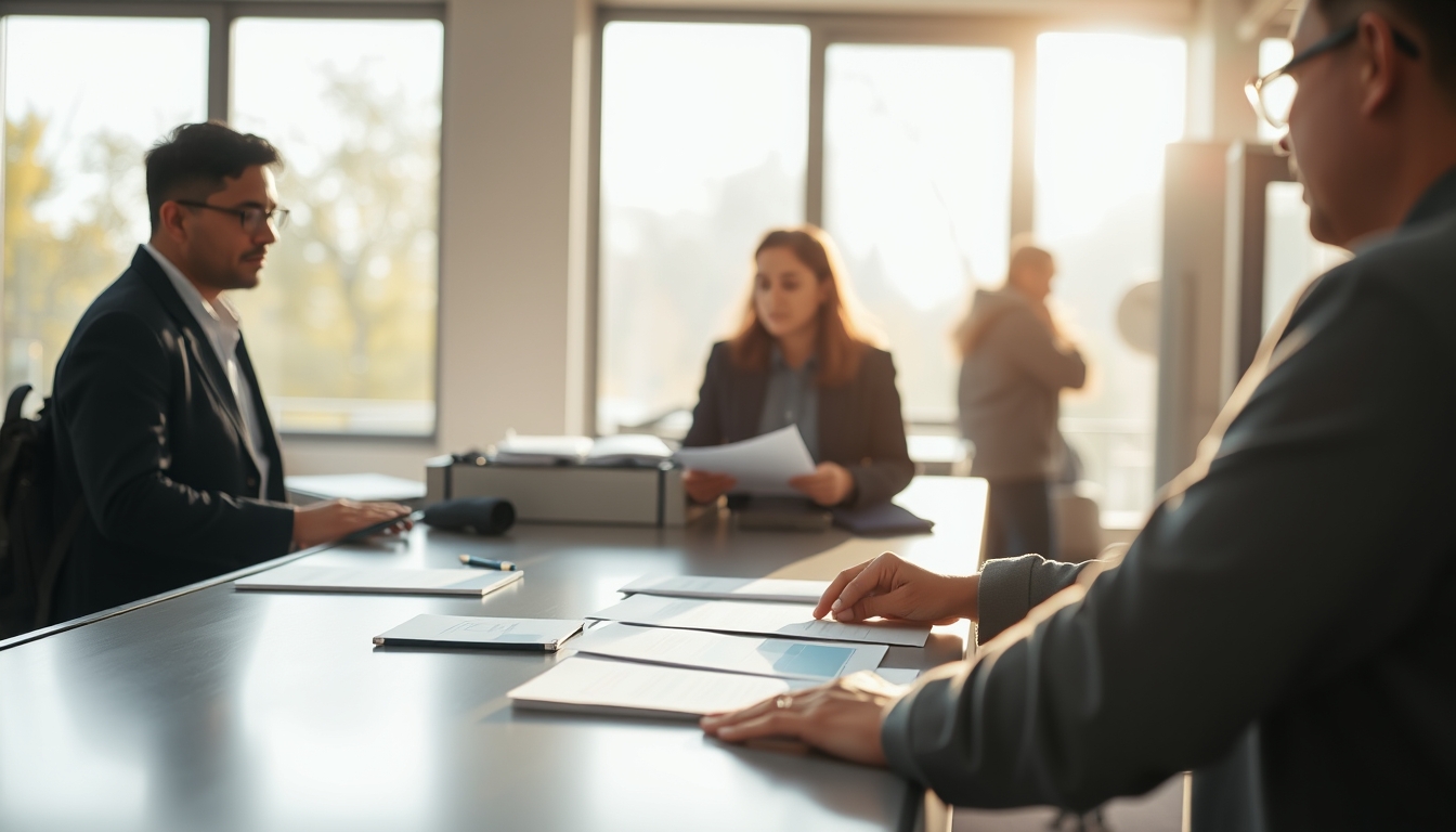 civil servant at counter assisting citizen with documents in editorial style