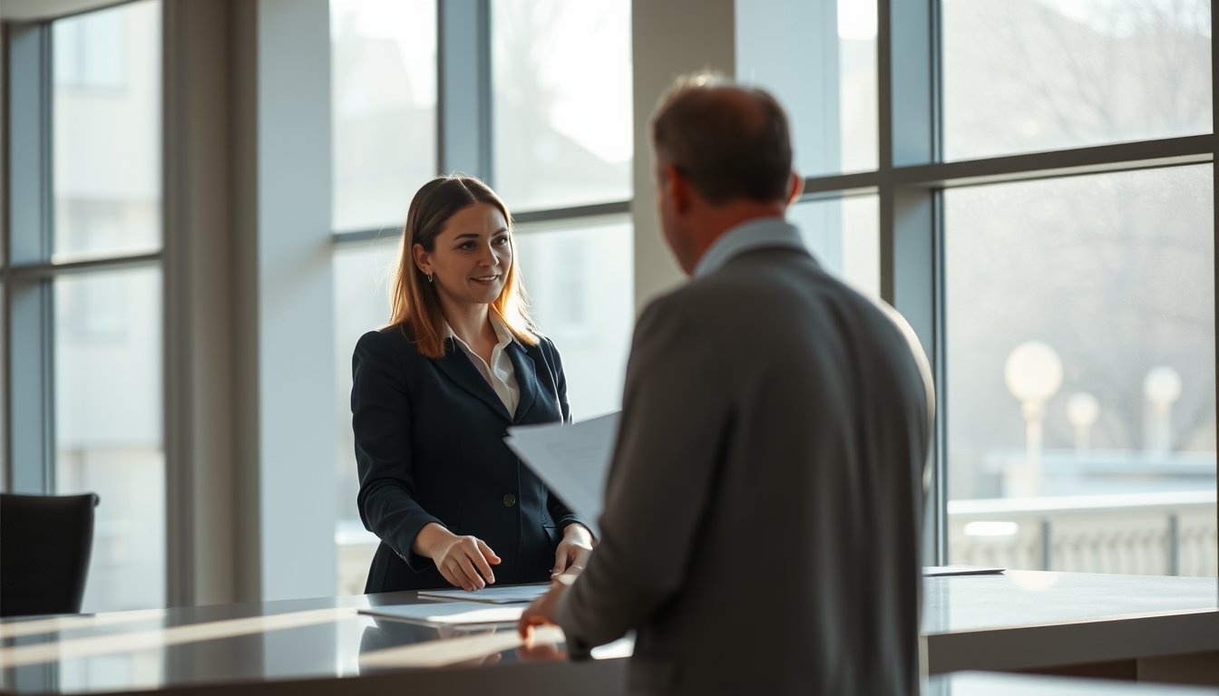 civil servant at counter assisting citizen with documents in editorial style