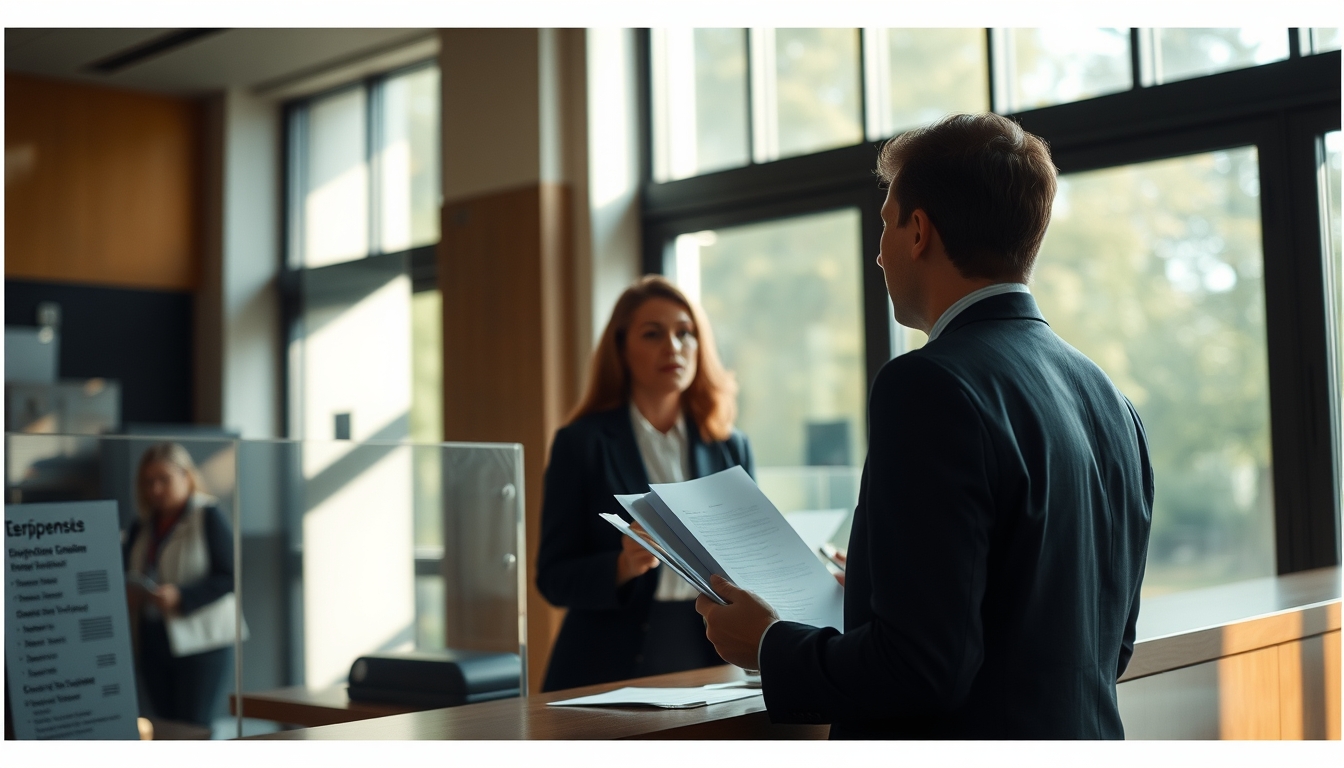 civil servant at counter assisting citizen with documents in editorial style