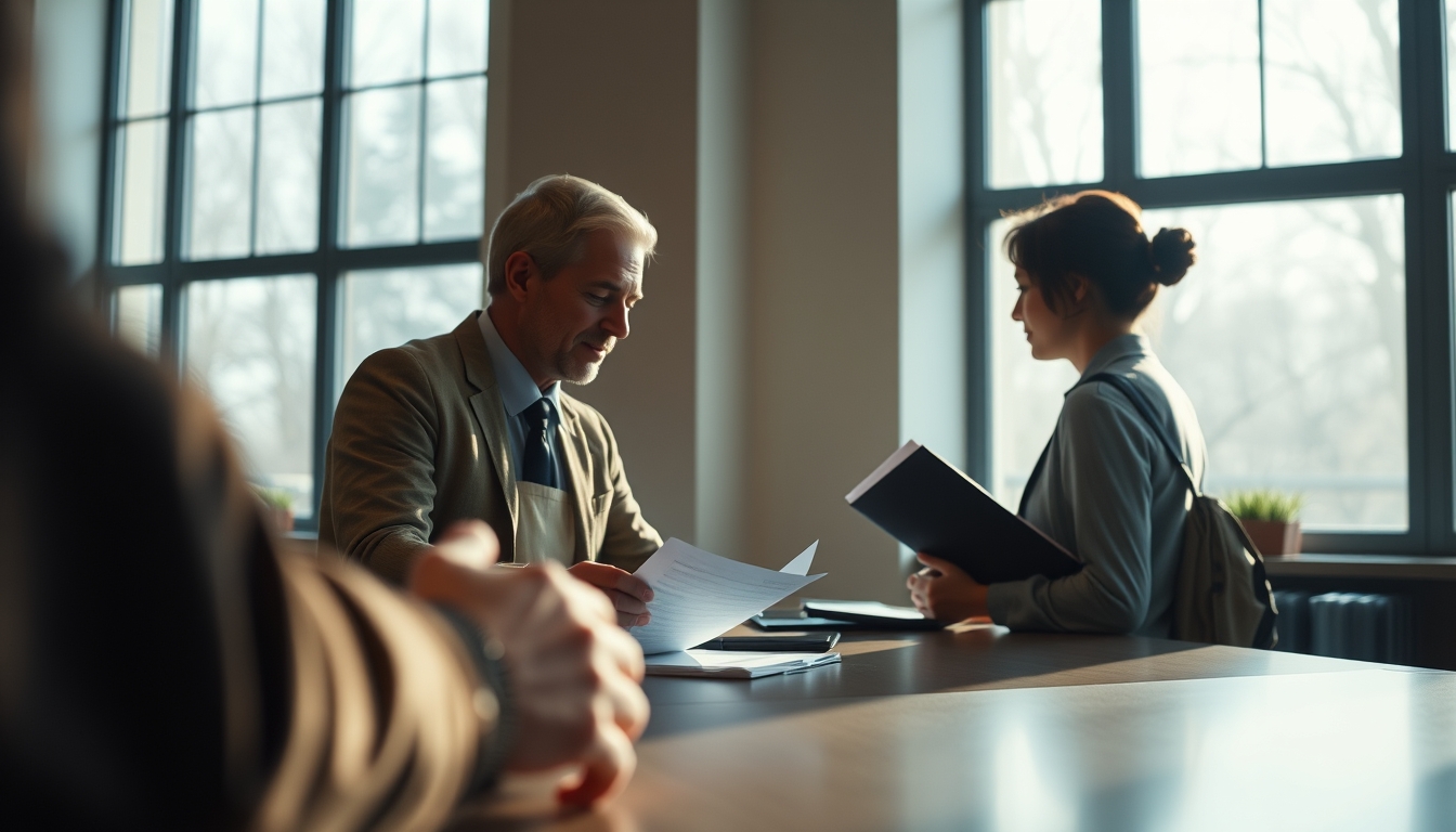 civil servant at counter assisting citizen with documents in editorial style