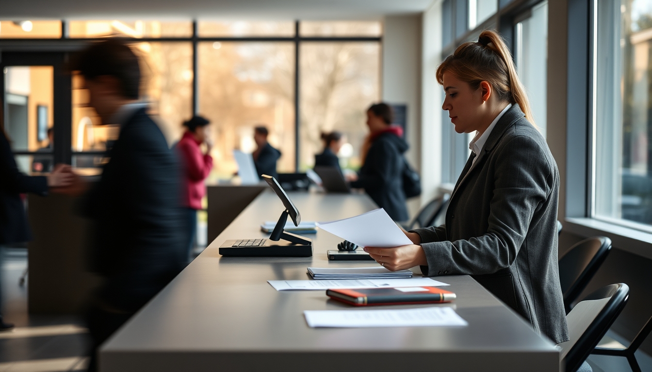 civil servant at counter assisting citizen with documents in editorial style