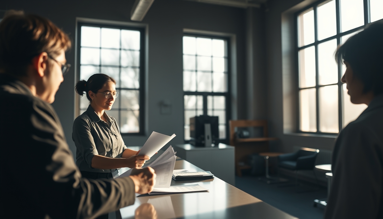 civil servant at counter assisting citizen with documents in editorial style