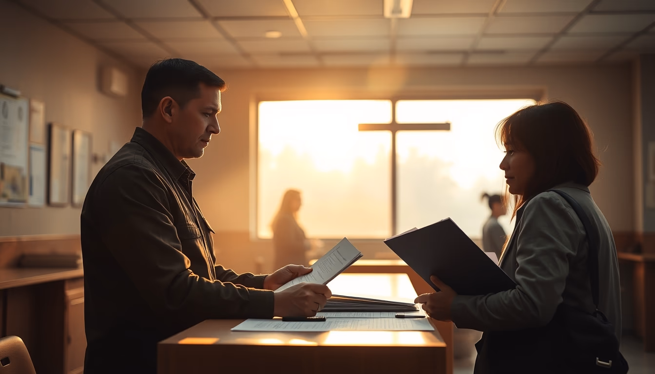 civil servant at counter assisting citizen with documents in editorial style