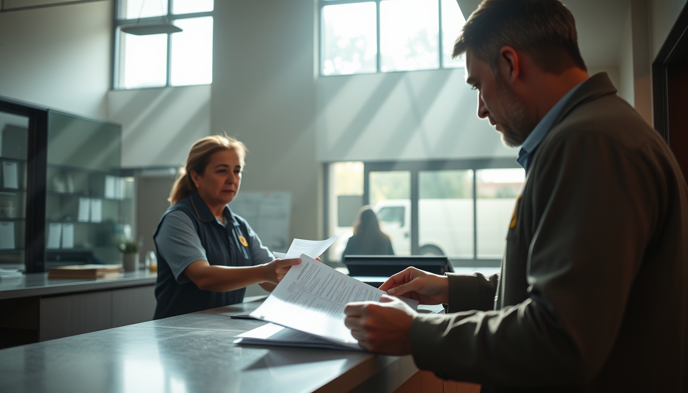 civil servant at counter assisting citizen with documents in editorial style