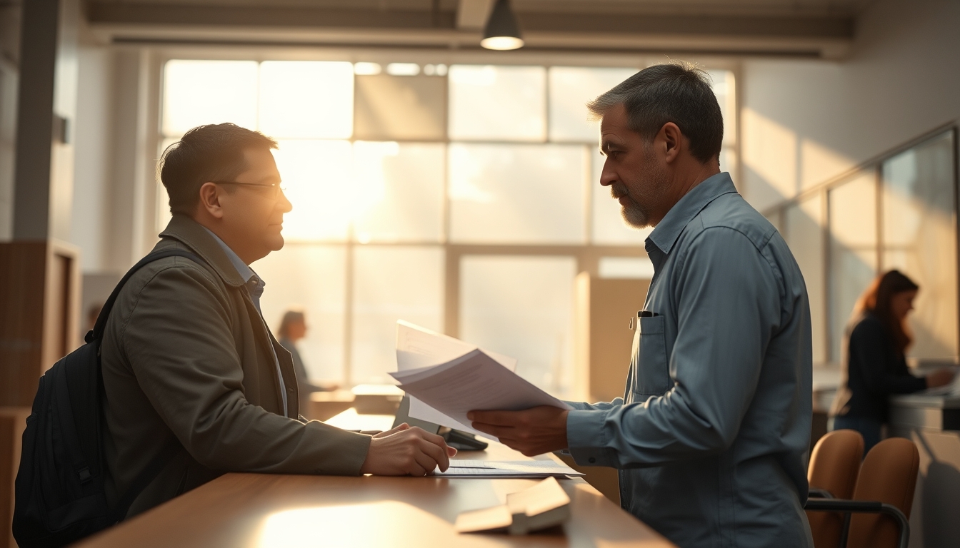 civil servant at counter assisting citizen with documents in editorial style