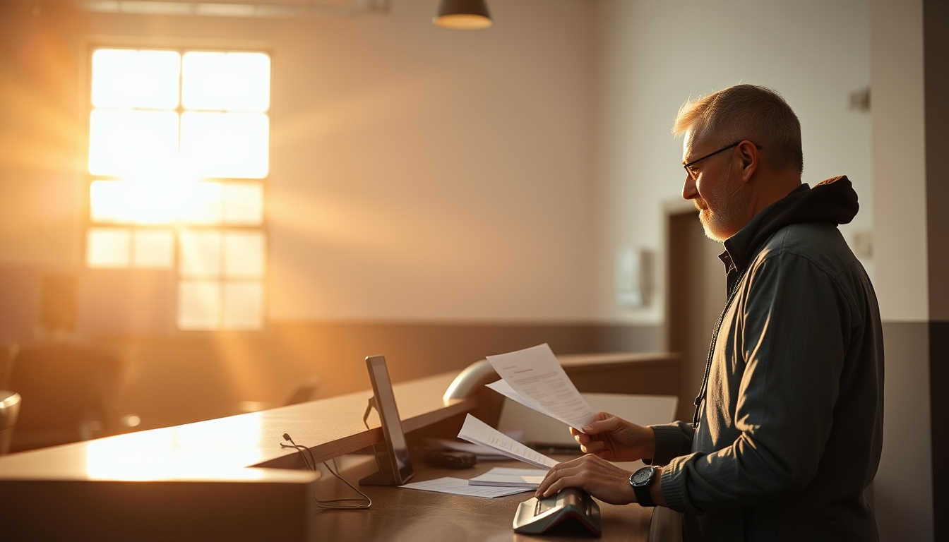 civil servant at counter assisting citizen with documents in editorial style