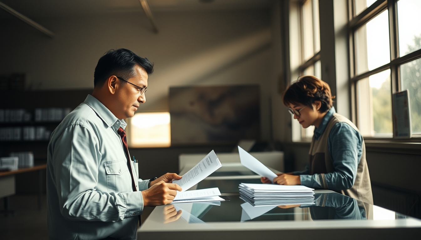 civil servant at counter assisting citizen with documents in editorial style