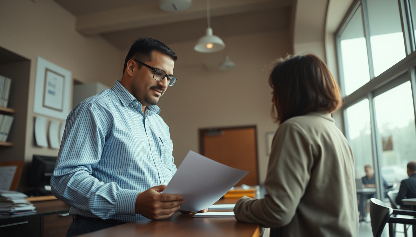civil servant at counter assisting citizen with documents in editorial style