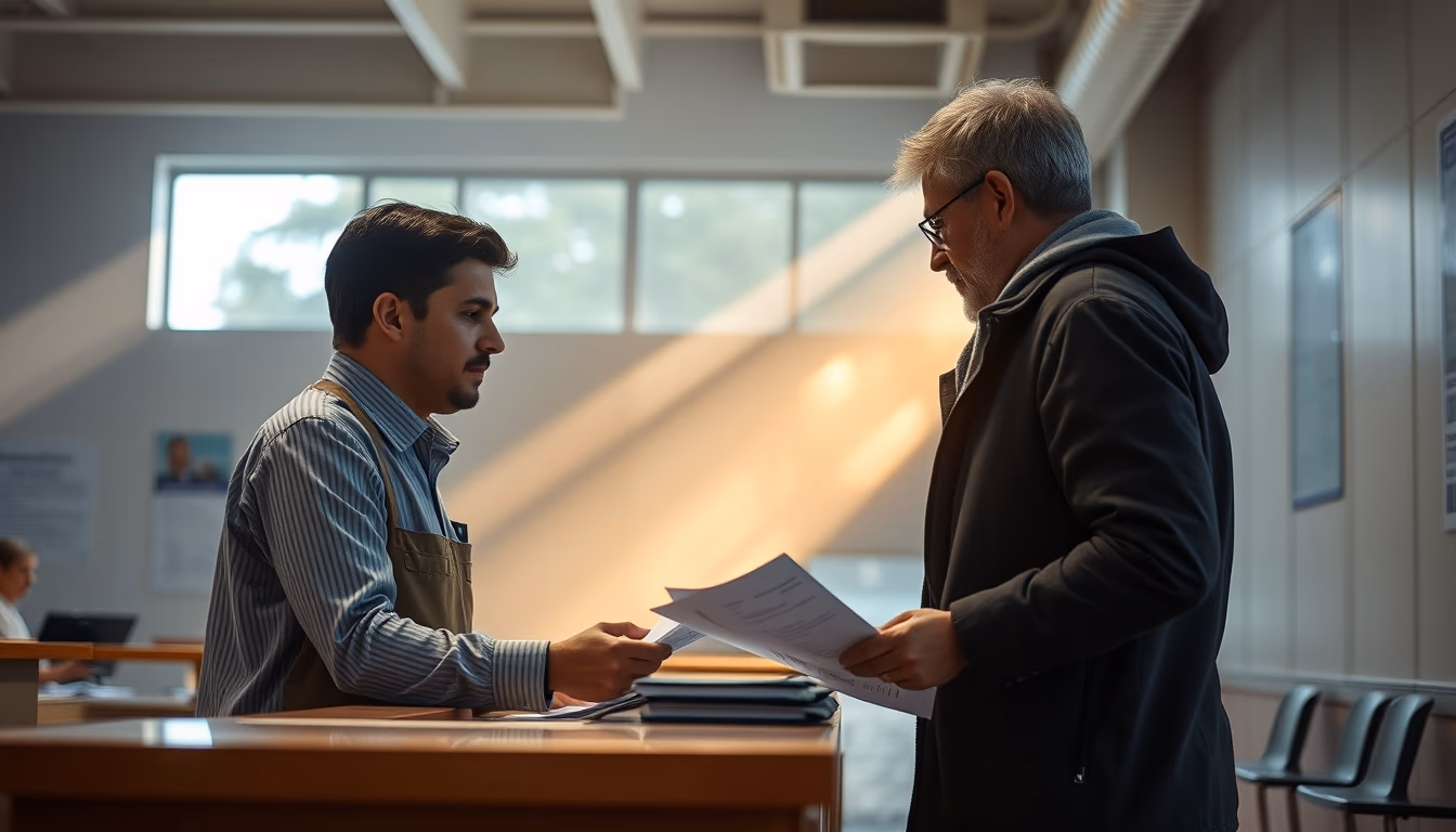 civil servant at counter assisting citizen with documents in editorial style