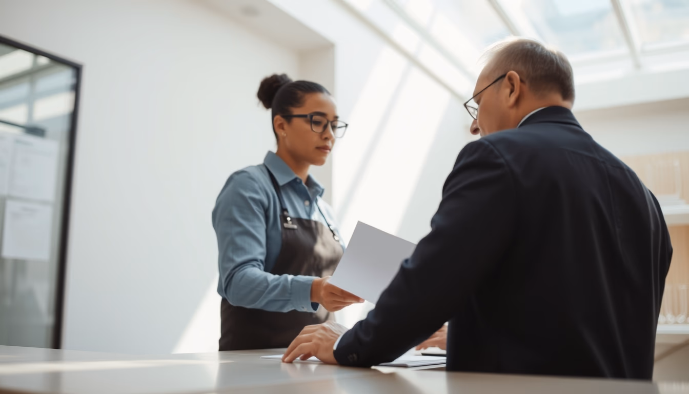 civil servant at counter assisting citizen with documents in editorial style
