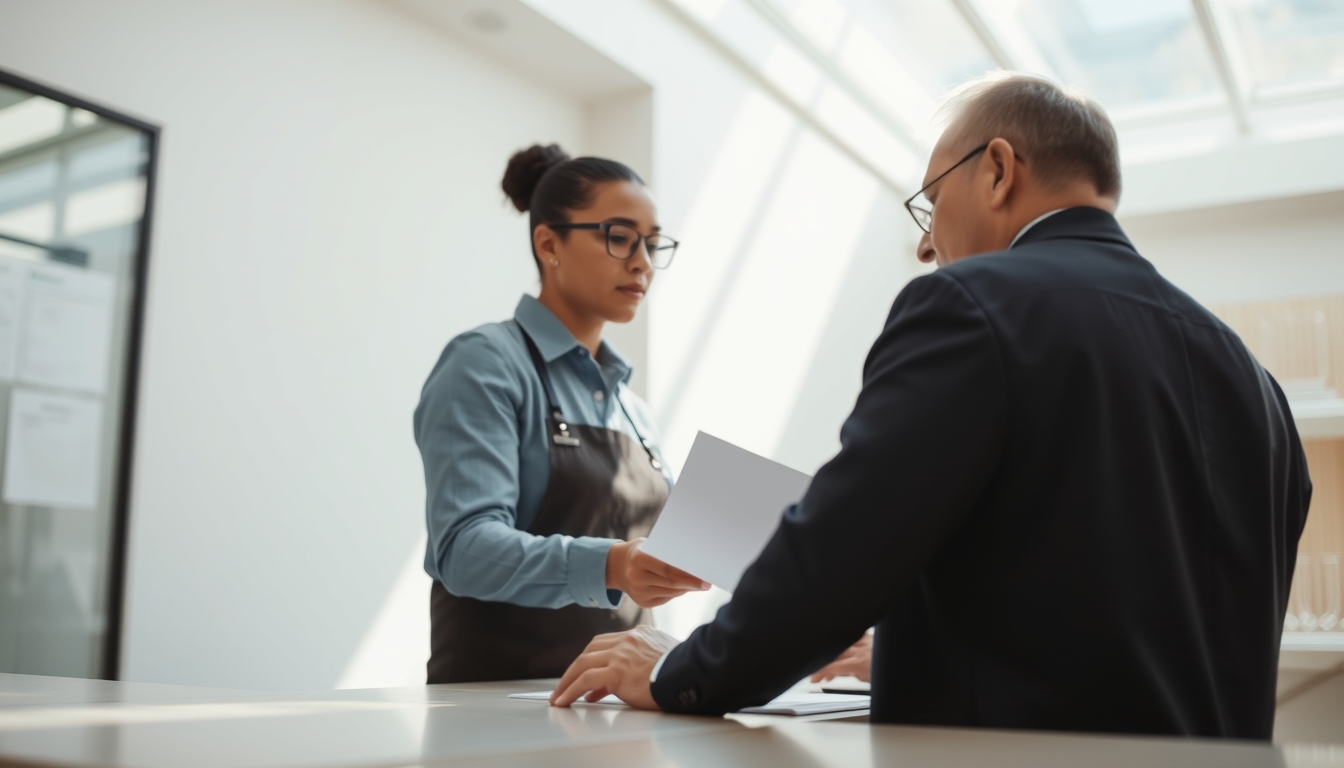 Civil servant at counter assisting citizen with documents em estilo editorial