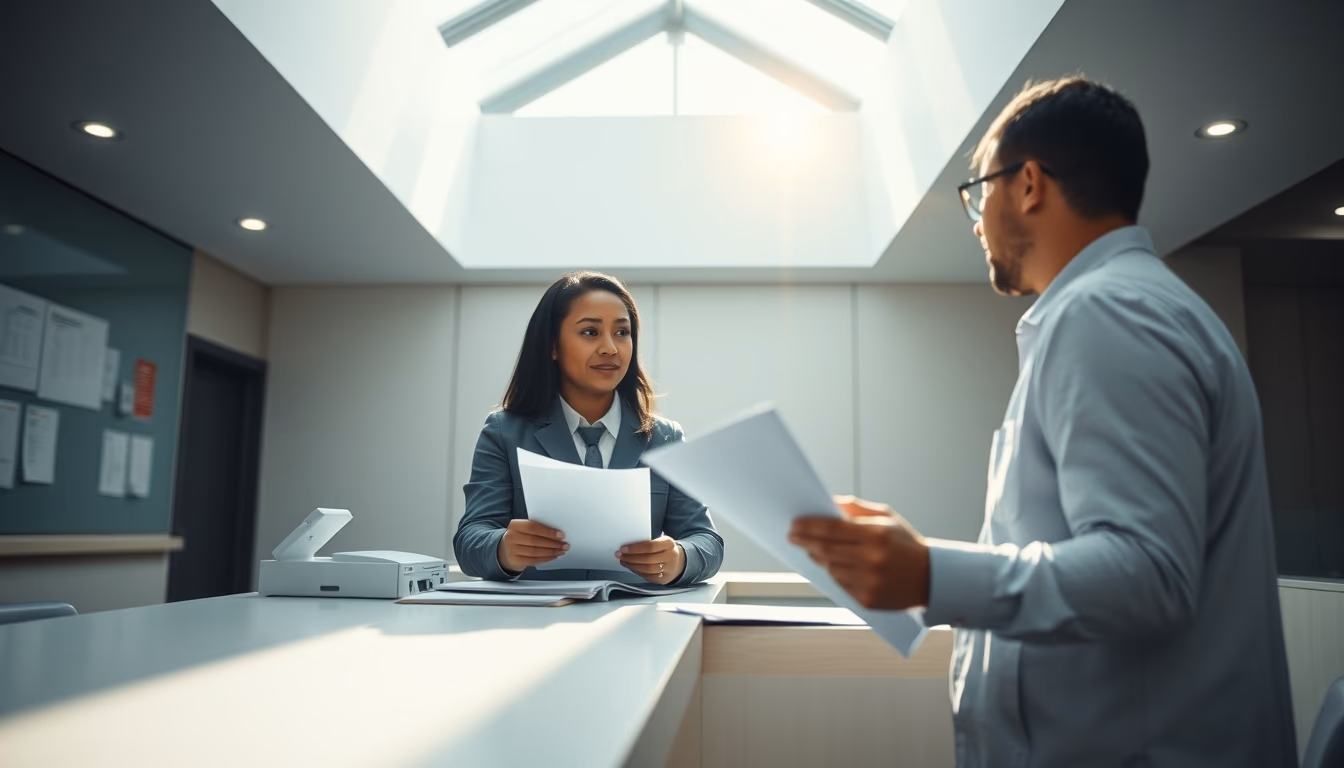 civil servant at counter assisting citizen with documents in editorial style