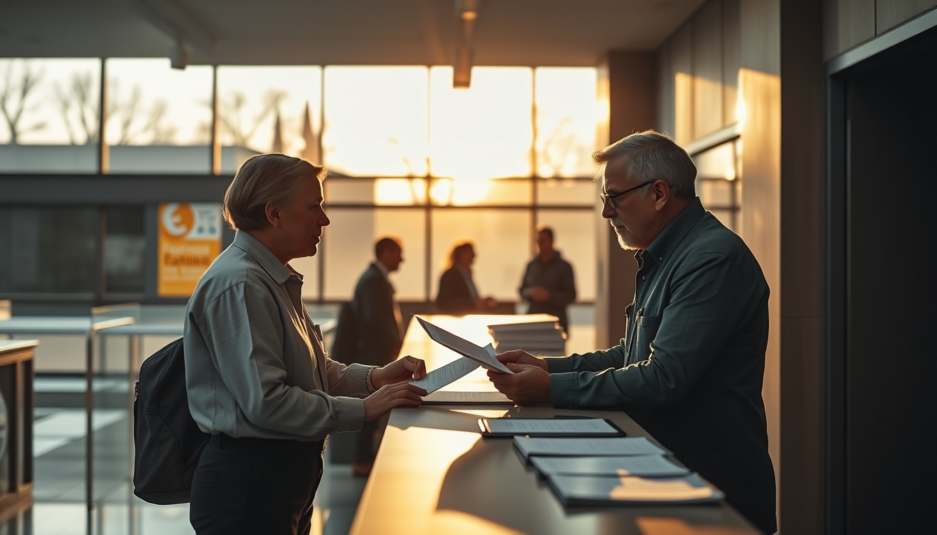 civil servant at counter assisting citizen with documents in editorial style