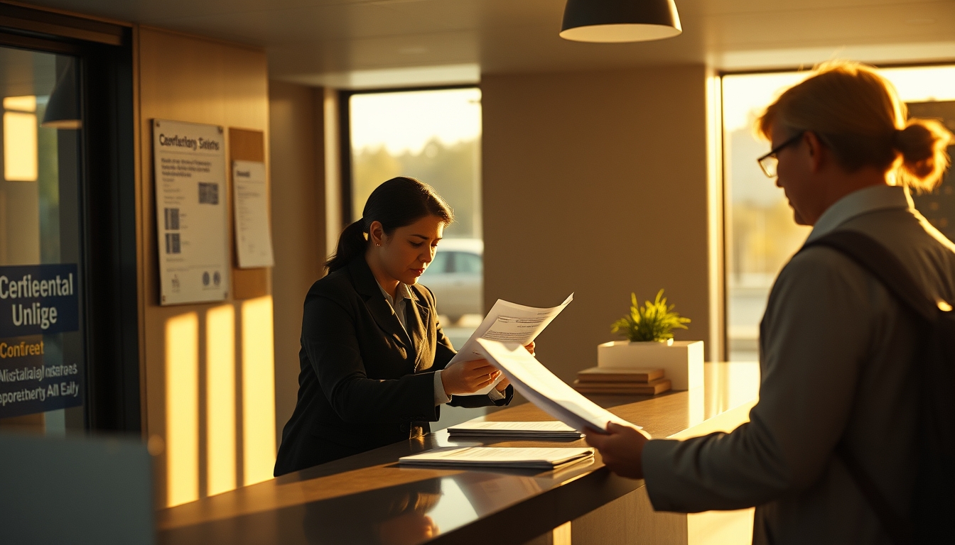 civil servant at counter assisting citizen with documents in editorial style