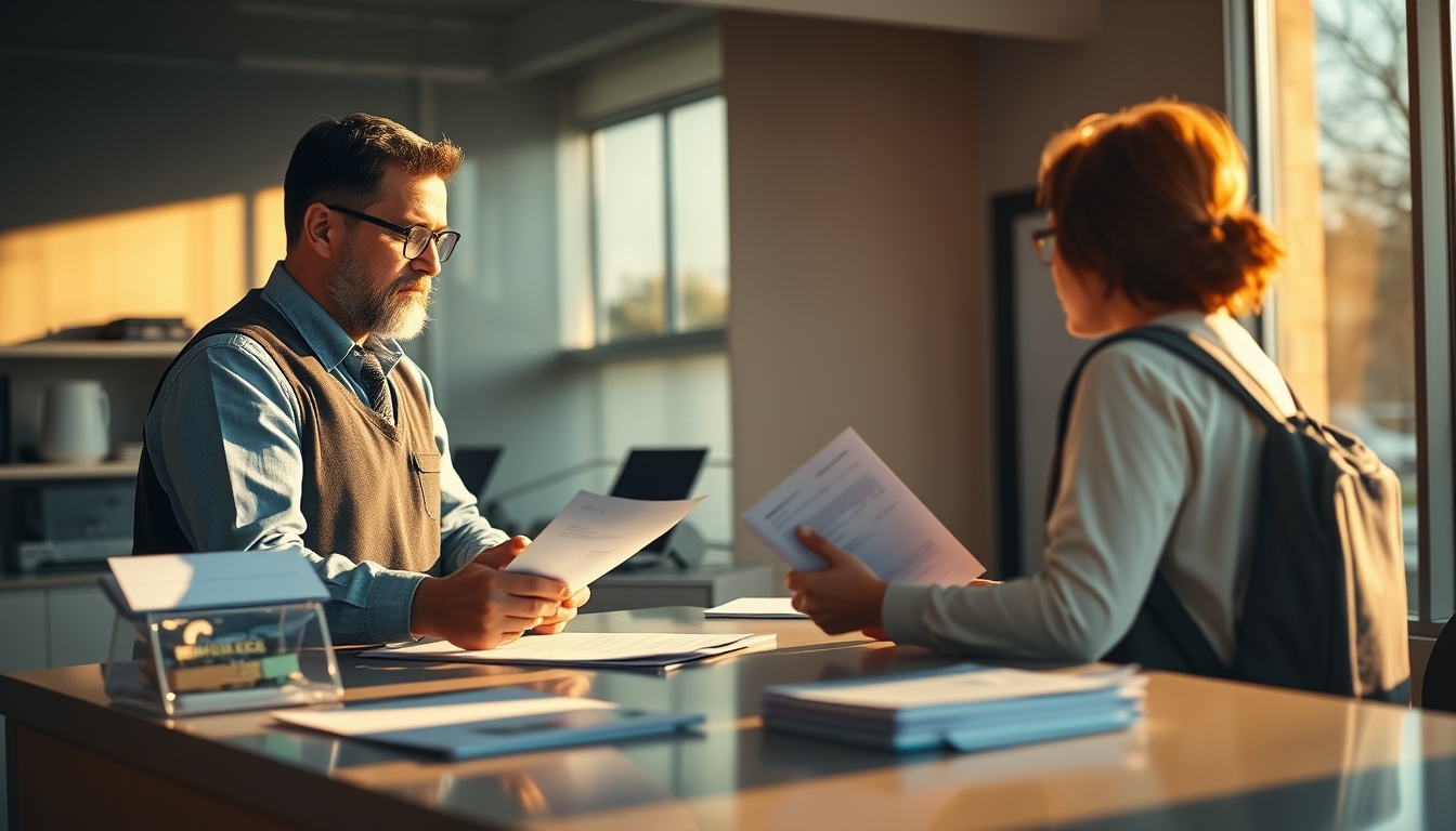 civil servant at counter assisting citizen with documents in editorial style