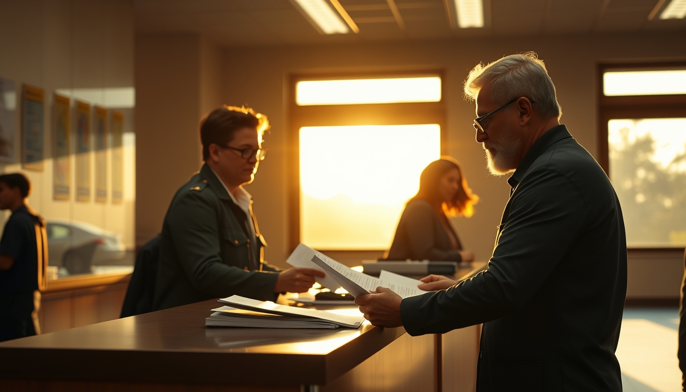 civil servant at counter assisting citizen with documents in editorial style