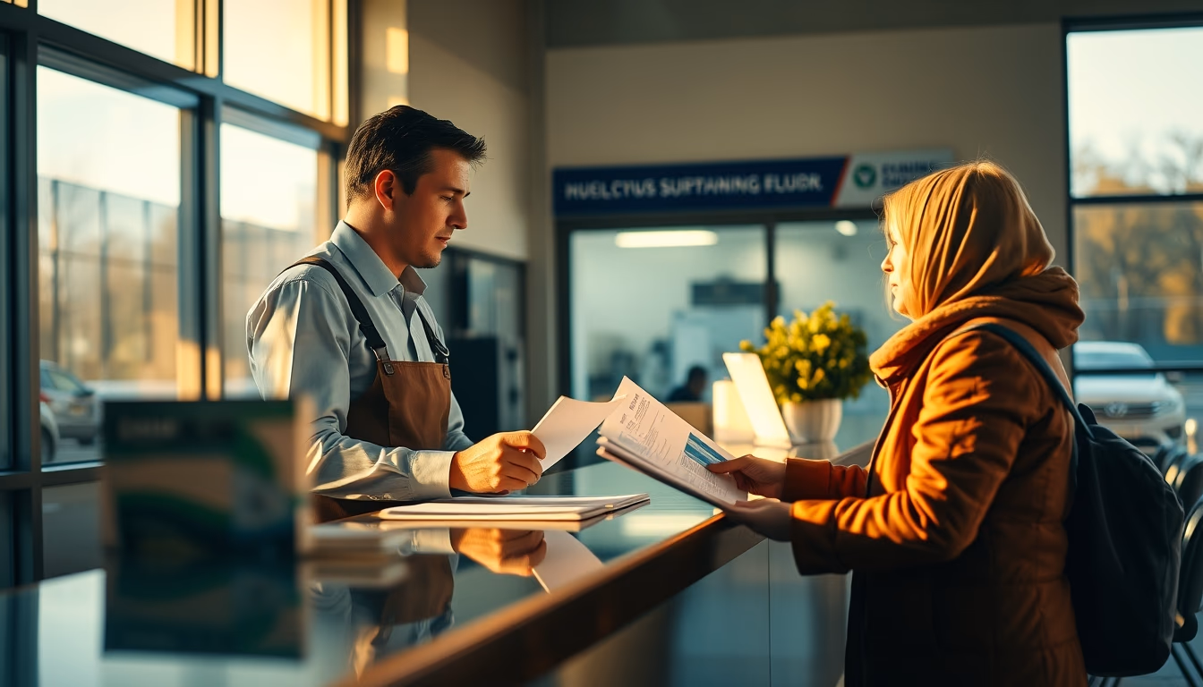 civil servant at counter assisting citizen with documents in editorial style