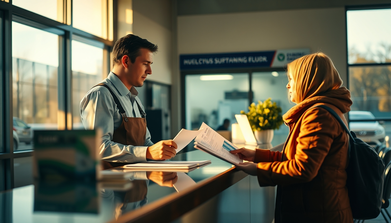 civil servant at counter assisting citizen with documents in editorial style