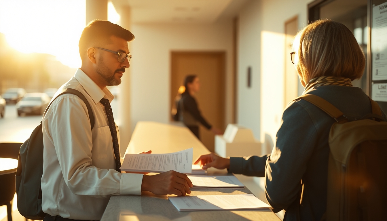 civil servant at counter assisting citizen with documents in editorial style