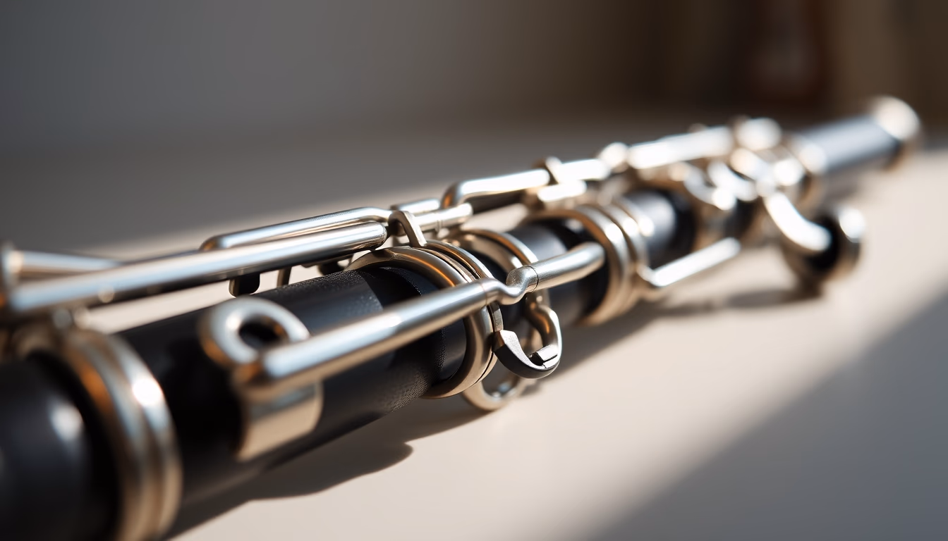 clarinet keys closeup in editorial style