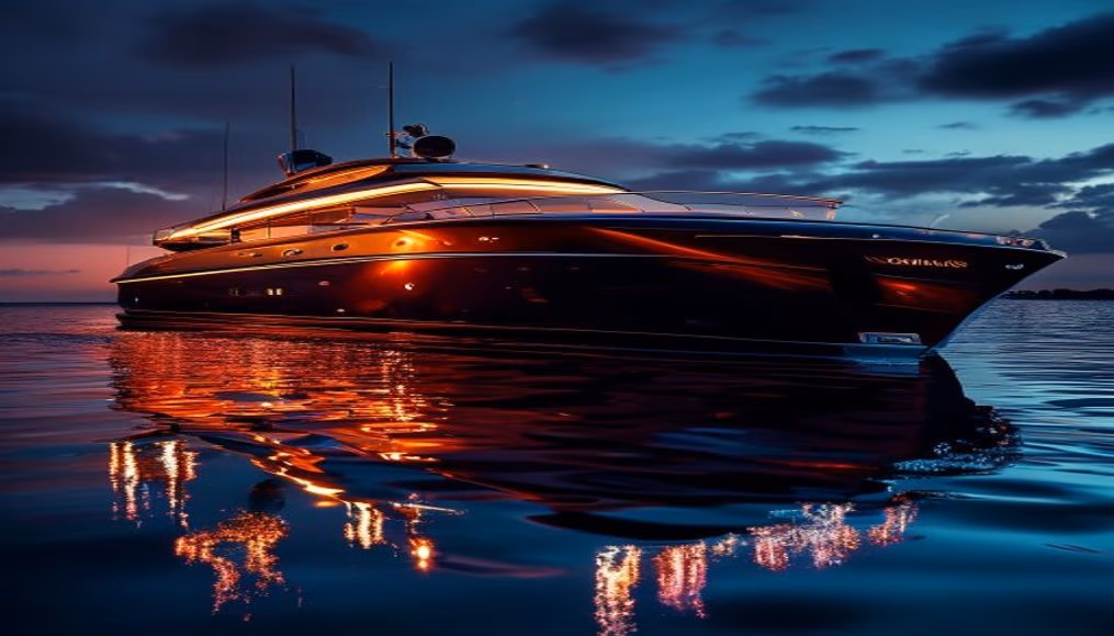 classic motor yacht riva mahogany in luxury editorial photography