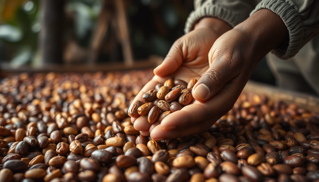 cocoa beans drying in editorial style