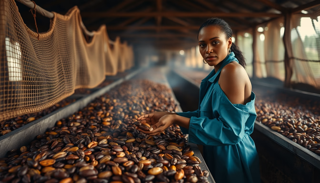 cocoa beans drying in editorial style