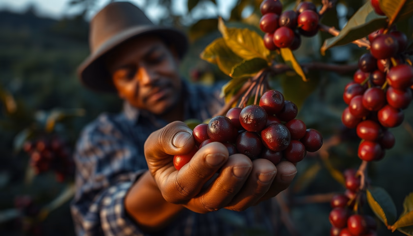 coffee plantation worker picking ripe coffee cherries by hand in editorial style
