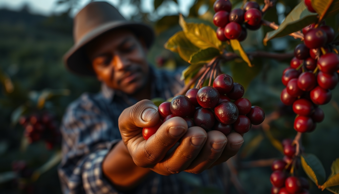 Coffee plantation worker picking ripe coffee cherries by hand em estilo editorial
