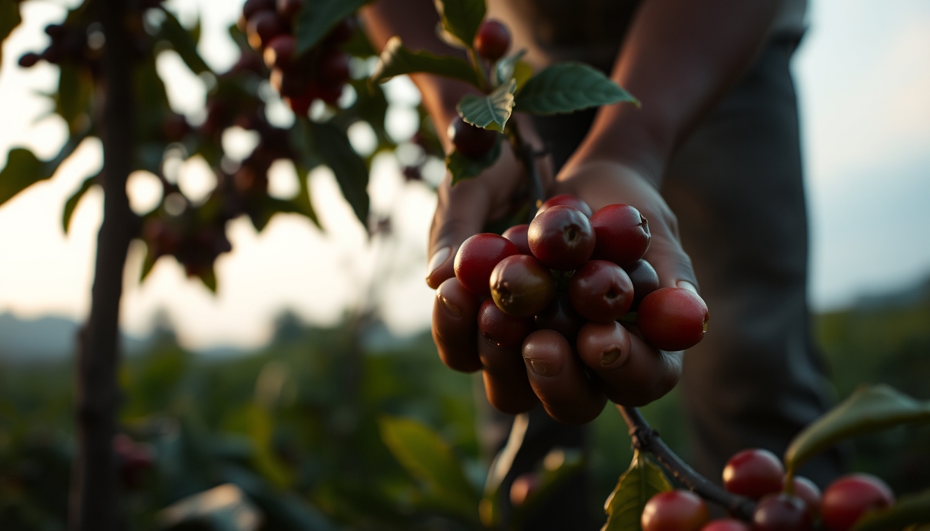 Coffee plantation worker picking ripe coffee cherries by hand em estilo editorial