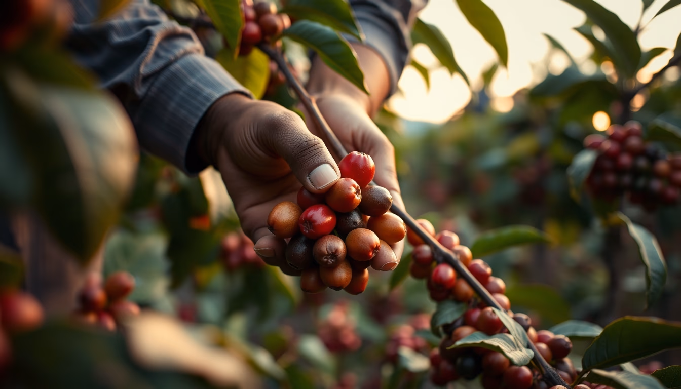 coffee plantation worker picking ripe coffee cherries by hand in editorial style