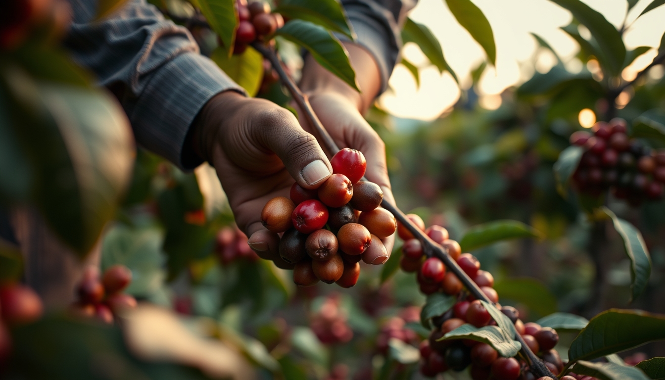 Coffee plantation worker picking ripe coffee cherries by hand em estilo editorial