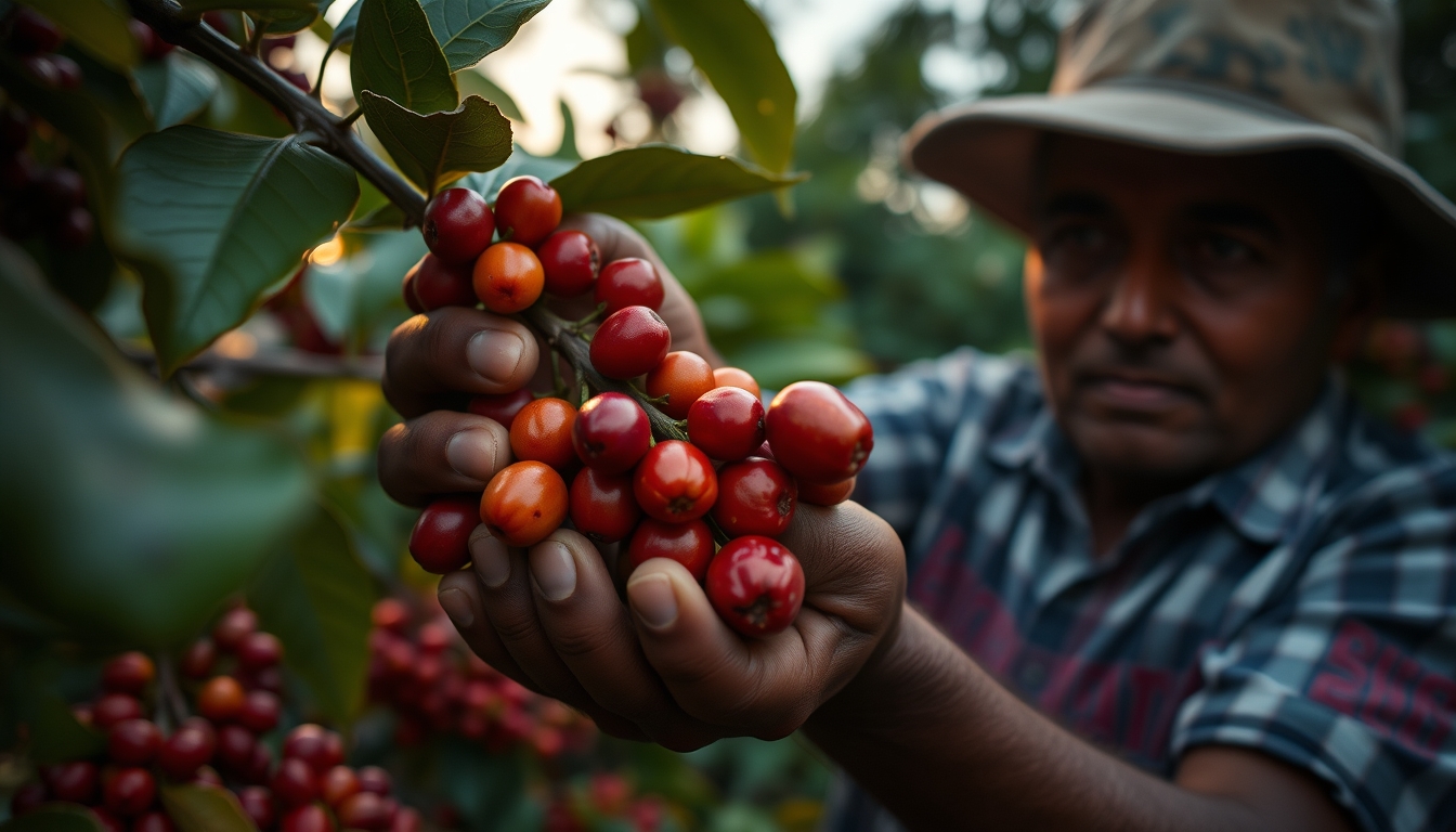 Coffee plantation worker picking ripe coffee cherries by hand em estilo editorial