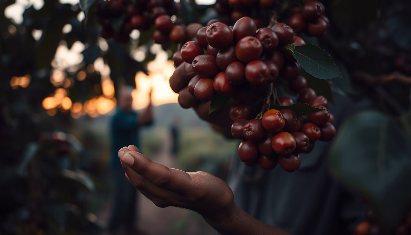 coffee plantation worker picking ripe coffee cherries by hand in editorial style