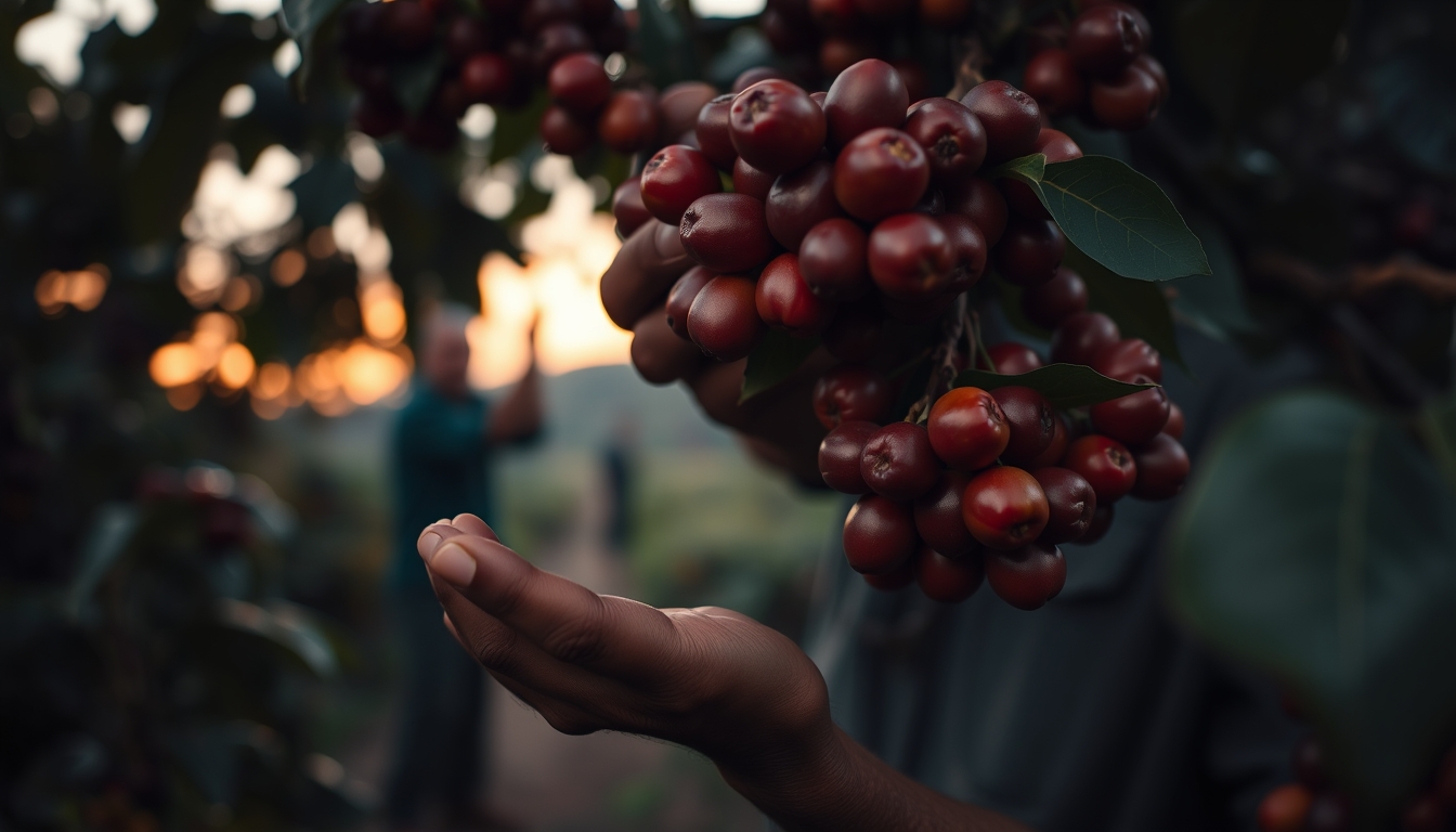 Coffee plantation worker picking ripe coffee cherries by hand em estilo editorial