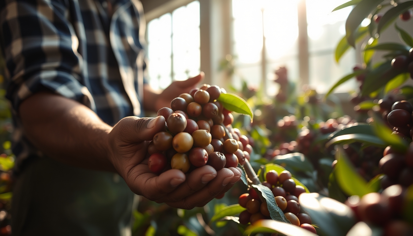 Coffee plantation worker picking ripe coffee cherries by hand em estilo editorial