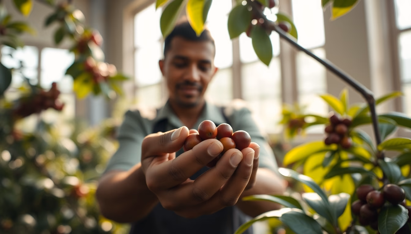 coffee plantation worker picking ripe coffee cherries by hand in editorial style