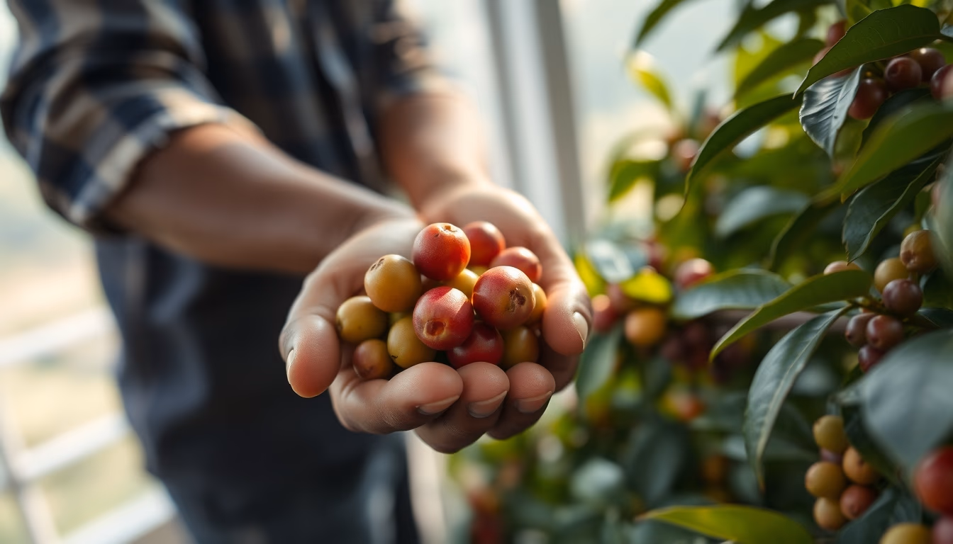 coffee plantation worker picking ripe coffee cherries by hand in editorial style