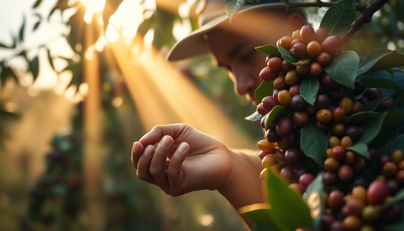Coffee plantation worker picking ripe coffee cherries by hand em estilo editorial