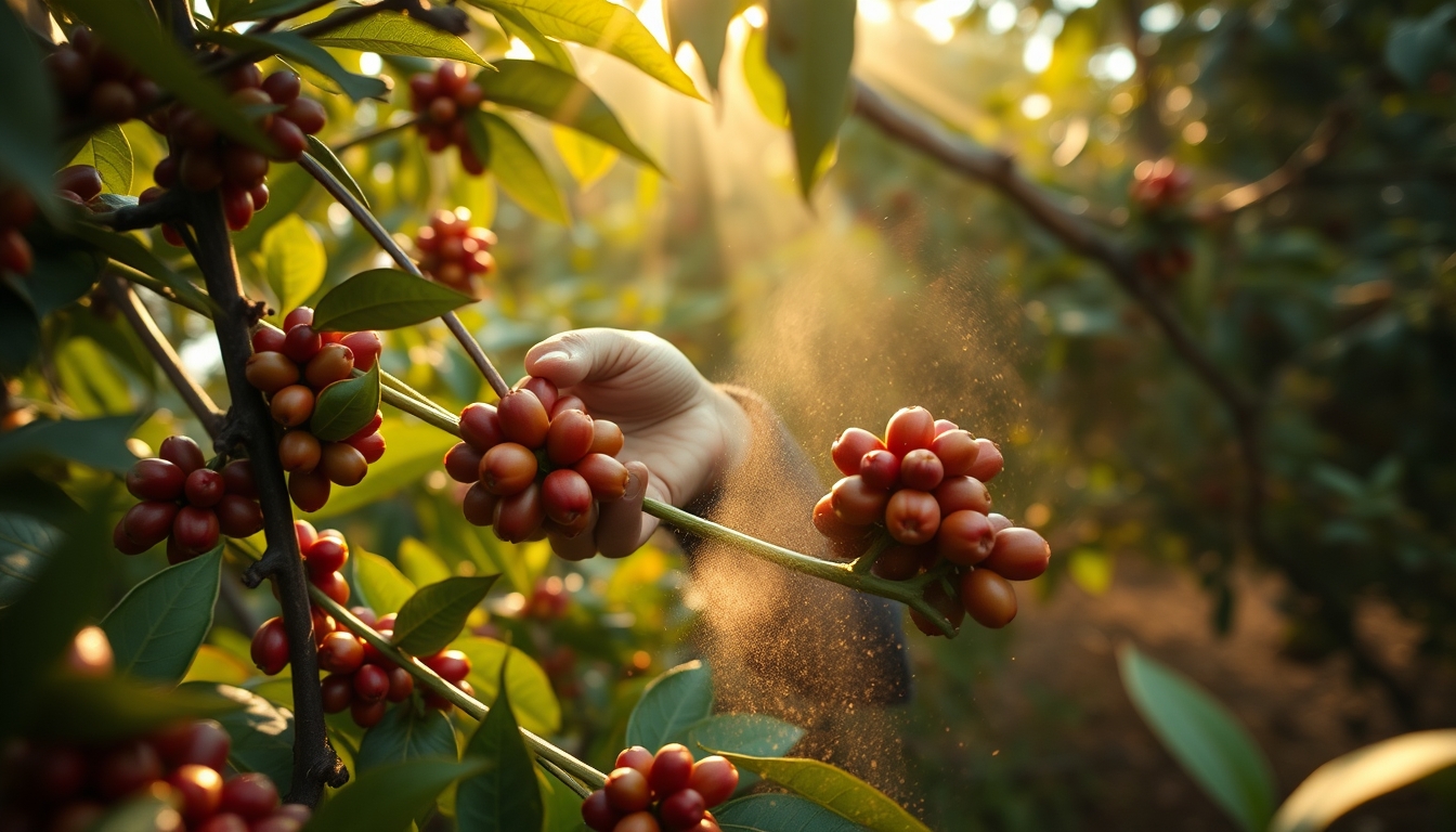 Coffee plantation worker picking ripe coffee cherries by hand em estilo editorial