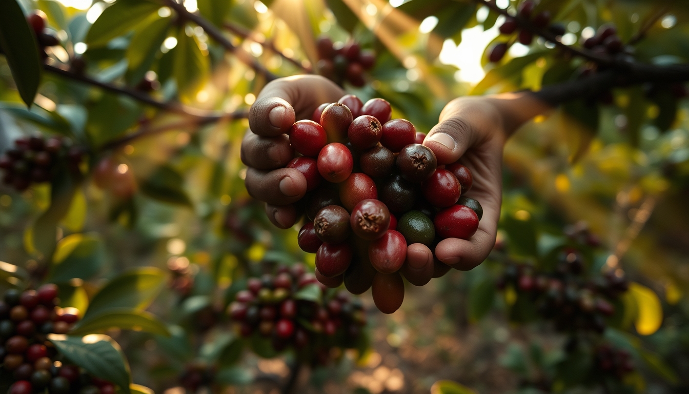 Coffee plantation worker picking ripe coffee cherries by hand em estilo editorial