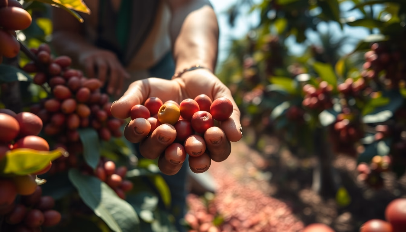 coffee plantation worker picking ripe coffee cherries by hand in editorial style