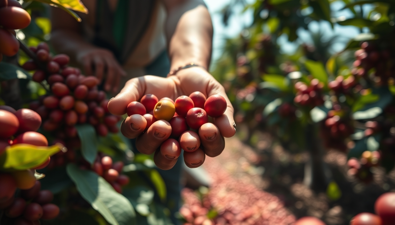Coffee plantation worker picking ripe coffee cherries by hand em estilo editorial